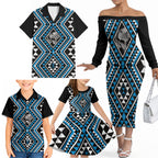 New Zealand Kikorangi Taniko Motifs Family Matching Off The Shoulder Long Sleeve Dress and Hawaiian Shirt Maori Poi Dance Costume Inspired