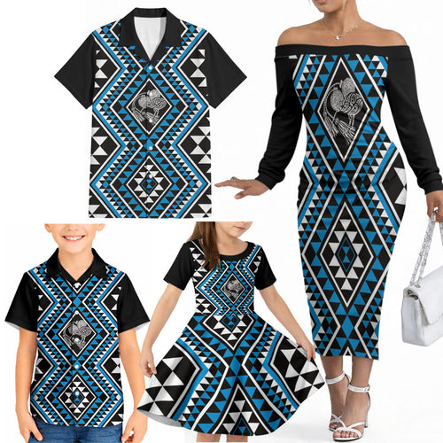 New Zealand Kikorangi Taniko Motifs Family Matching Off The Shoulder Long Sleeve Dress and Hawaiian Shirt Maori Poi Dance Costume Inspired