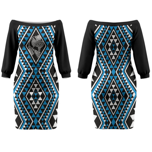 New Zealand Kikorangi Taniko Motifs Family Matching Off The Shoulder Long Sleeve Dress and Hawaiian Shirt Maori Poi Dance Costume Inspired