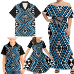 New Zealand Kikorangi Taniko Motifs Family Matching Off Shoulder Maxi Dress and Hawaiian Shirt Maori Poi Dance Costume Inspired