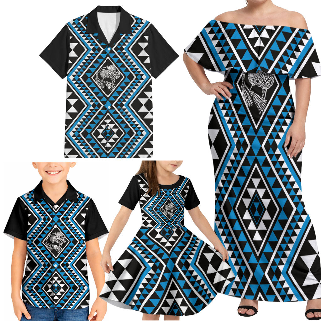 New Zealand Kikorangi Taniko Motifs Family Matching Off Shoulder Maxi Dress and Hawaiian Shirt Maori Poi Dance Costume Inspired