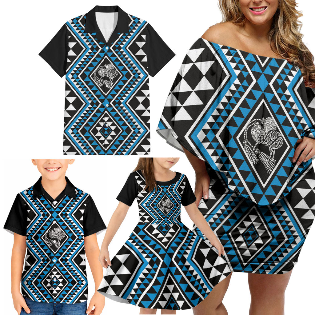 New Zealand Kikorangi Taniko Motifs Family Matching Off Shoulder Short Dress and Hawaiian Shirt Maori Poi Dance Costume Inspired