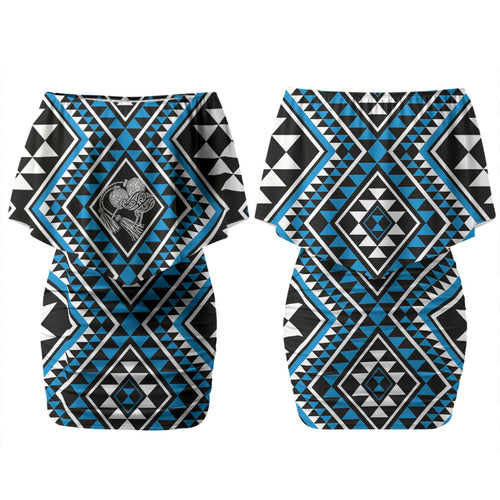 New Zealand Kikorangi Taniko Motifs Family Matching Off Shoulder Short Dress and Hawaiian Shirt Maori Poi Dance Costume Inspired