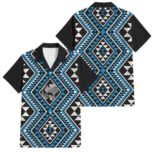 New Zealand Kikorangi Taniko Motifs Family Matching Off Shoulder Short Dress and Hawaiian Shirt Maori Poi Dance Costume Inspired