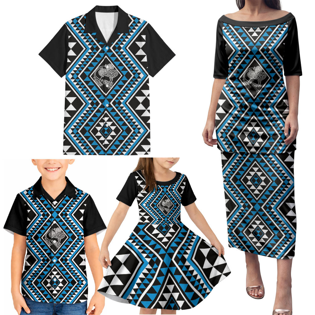 New Zealand Kikorangi Taniko Motifs Family Matching Puletasi and Hawaiian Shirt Maori Poi Dance Costume Inspired