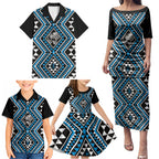 New Zealand Kikorangi Taniko Motifs Family Matching Puletasi and Hawaiian Shirt Maori Poi Dance Costume Inspired