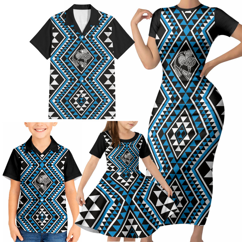 New Zealand Kikorangi Taniko Motifs Family Matching Short Sleeve Bodycon Dress and Hawaiian Shirt Maori Poi Dance Costume Inspired