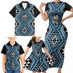 New Zealand Kikorangi Taniko Motifs Family Matching Short Sleeve Bodycon Dress and Hawaiian Shirt Maori Poi Dance Costume Inspired