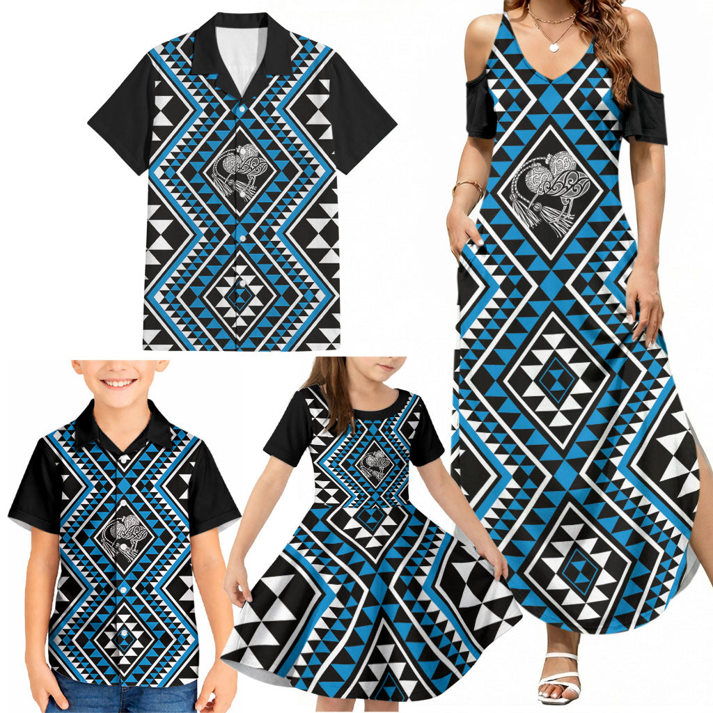 New Zealand Kikorangi Taniko Motifs Family Matching Summer Maxi Dress and Hawaiian Shirt Maori Poi Dance Costume Inspired