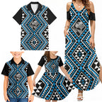 New Zealand Kikorangi Taniko Motifs Family Matching Summer Maxi Dress and Hawaiian Shirt Maori Poi Dance Costume Inspired