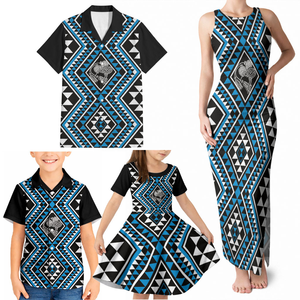 New Zealand Kikorangi Taniko Motifs Family Matching Tank Maxi Dress and Hawaiian Shirt Maori Poi Dance Costume Inspired