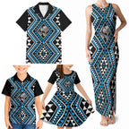 New Zealand Kikorangi Taniko Motifs Family Matching Tank Maxi Dress and Hawaiian Shirt Maori Poi Dance Costume Inspired
