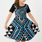 New Zealand Kikorangi Taniko Motifs Kid Short Sleeve Dress Maori Poi Dance Costume Inspired