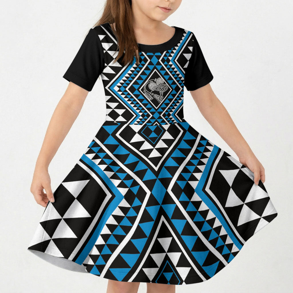 New Zealand Kikorangi Taniko Motifs Kid Short Sleeve Dress Maori Poi Dance Costume Inspired