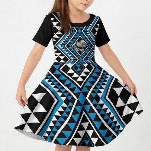 New Zealand Kikorangi Taniko Motifs Kid Short Sleeve Dress Maori Poi Dance Costume Inspired
