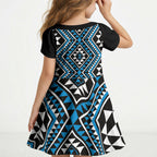 New Zealand Kikorangi Taniko Motifs Kid Short Sleeve Dress Maori Poi Dance Costume Inspired