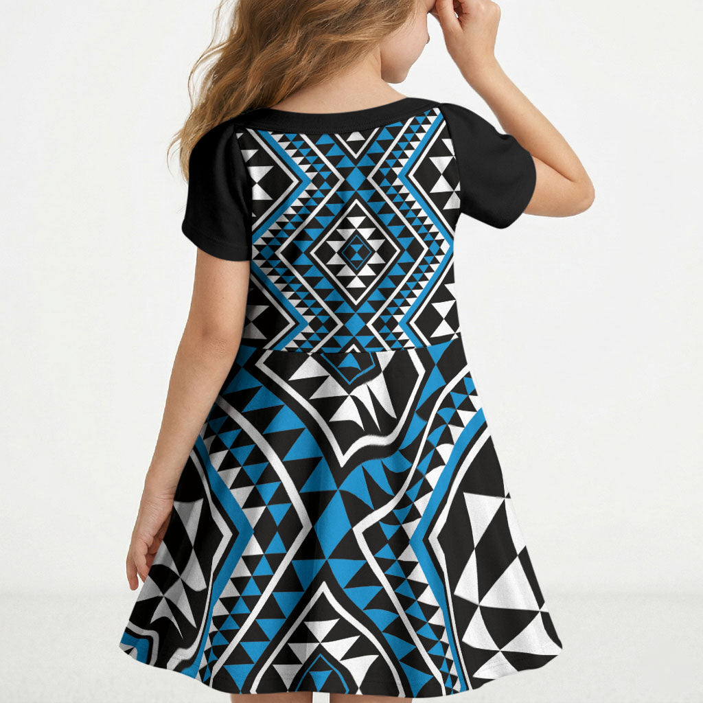 New Zealand Kikorangi Taniko Motifs Kid Short Sleeve Dress Maori Poi Dance Costume Inspired