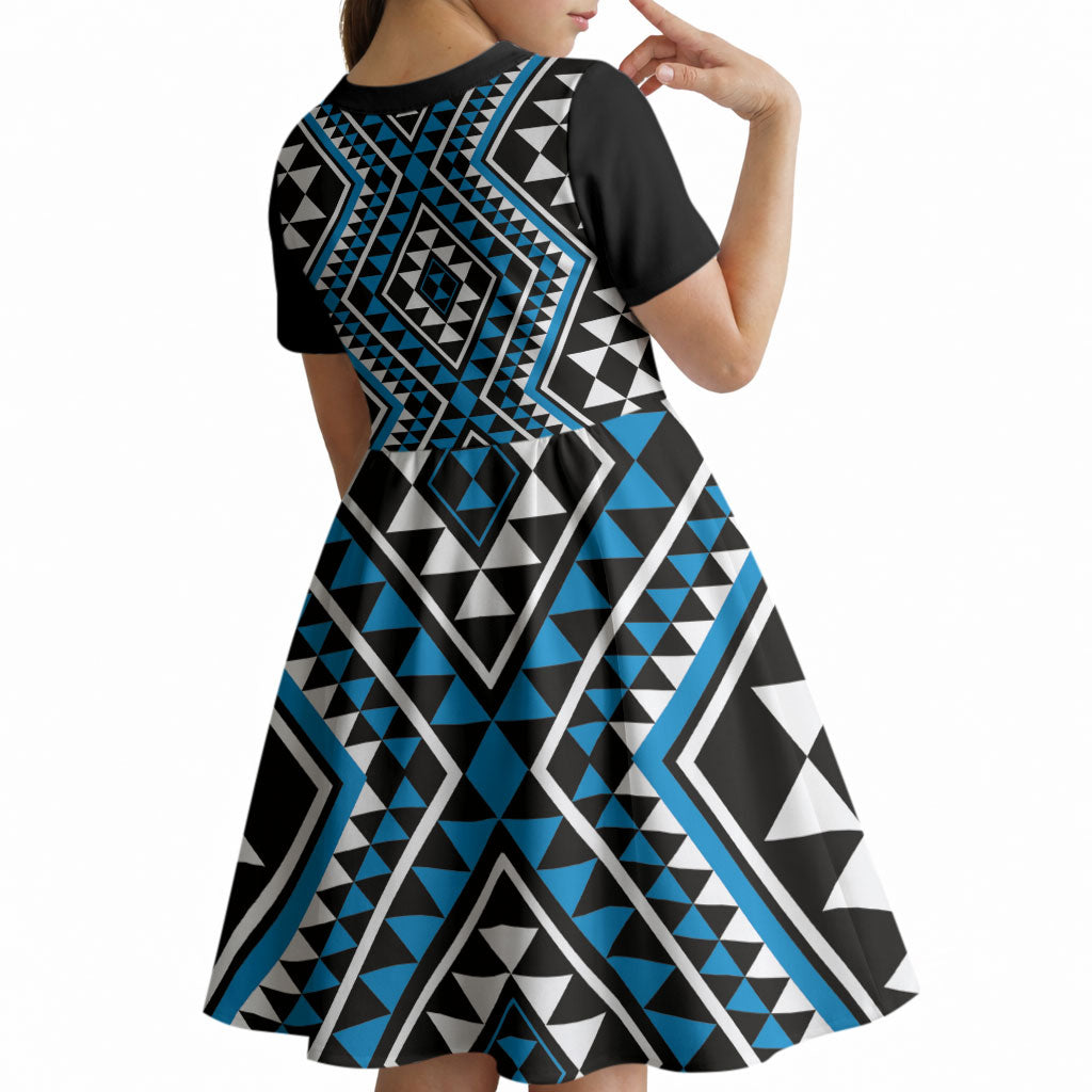 New Zealand Kikorangi Taniko Motifs Kid Short Sleeve Dress Maori Poi Dance Costume Inspired