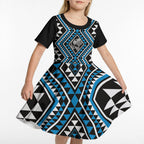 New Zealand Kikorangi Taniko Motifs Kid Short Sleeve Dress Maori Poi Dance Costume Inspired