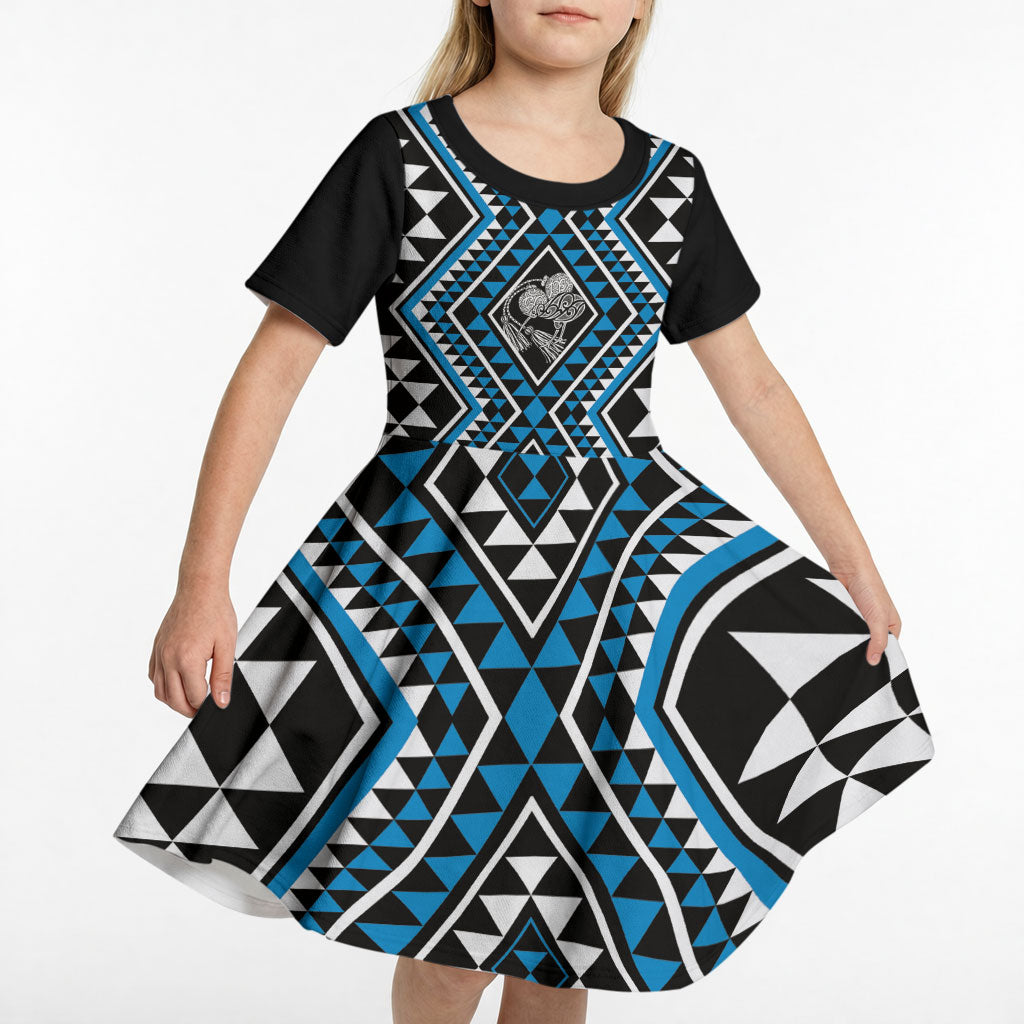 New Zealand Kikorangi Taniko Motifs Kid Short Sleeve Dress Maori Poi Dance Costume Inspired