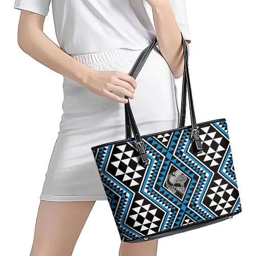 New Zealand Kikorangi Taniko Motifs Leather Tote Bag Maori Poi Dance Costume Inspired