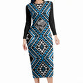 New Zealand Kikorangi Taniko Motifs Long Sleeve Bodycon Dress Maori Poi Dance Costume Inspired
