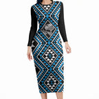 New Zealand Kikorangi Taniko Motifs Long Sleeve Bodycon Dress Maori Poi Dance Costume Inspired