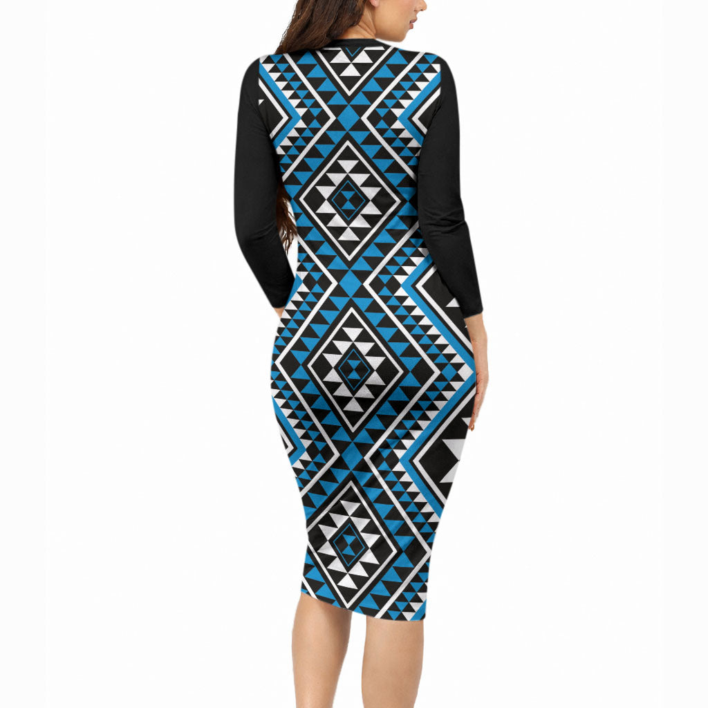 New Zealand Kikorangi Taniko Motifs Long Sleeve Bodycon Dress Maori Poi Dance Costume Inspired