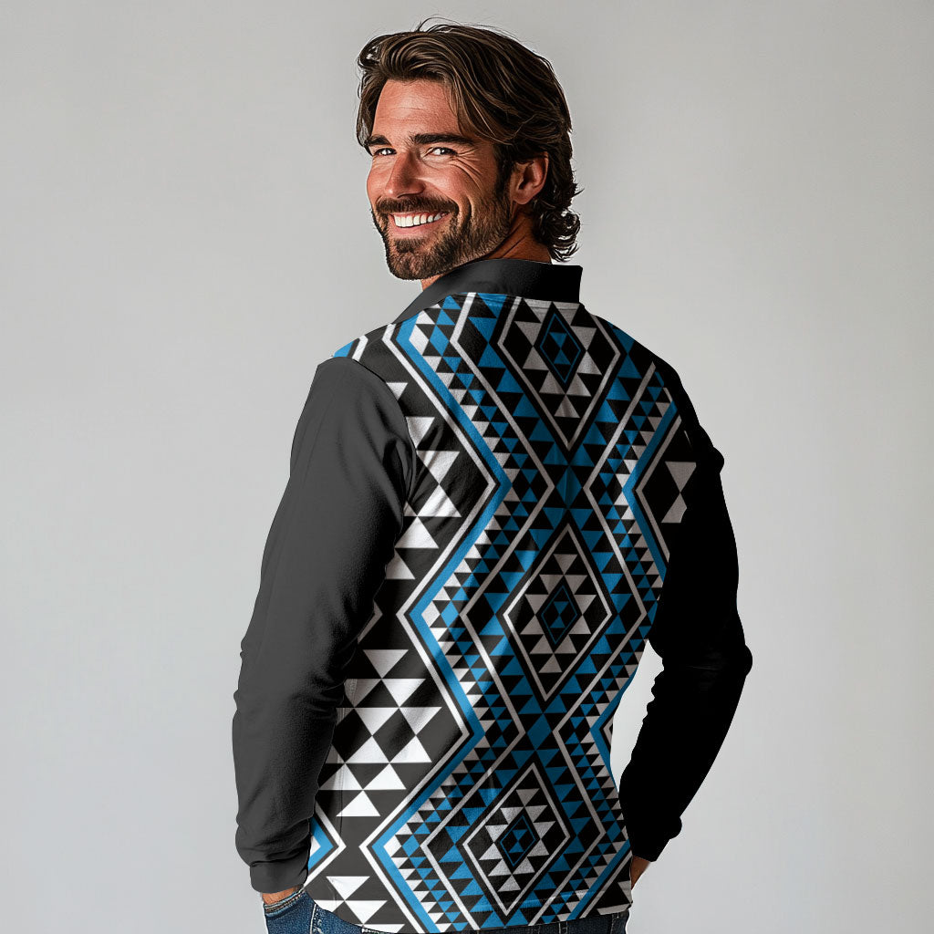 New Zealand Kikorangi Taniko Motifs Long Sleeve Polo Shirt Maori Poi Dance Costume Inspired