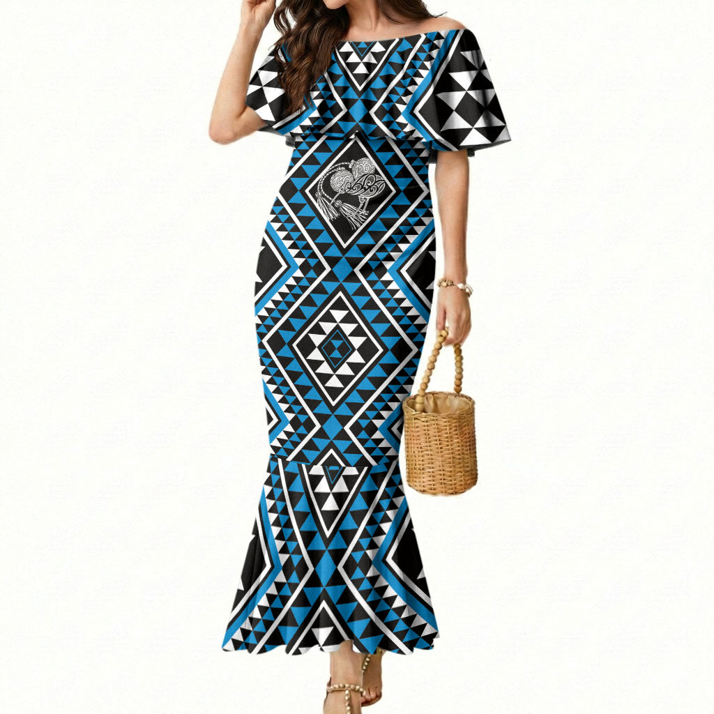 New Zealand Kikorangi Taniko Motifs Mermaid Dress Maori Poi Dance Costume Inspired