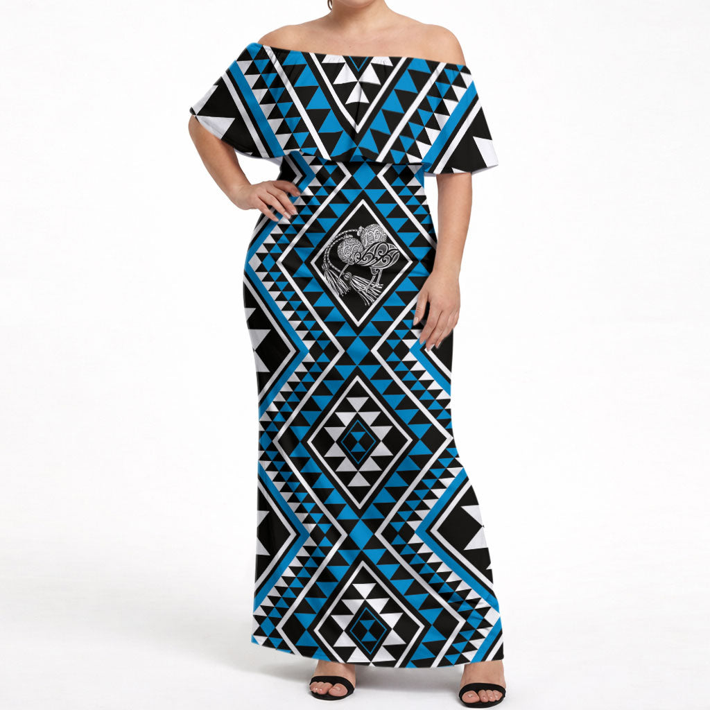 New Zealand Kikorangi Taniko Motifs Off Shoulder Maxi Dress Maori Poi Dance Costume Inspired