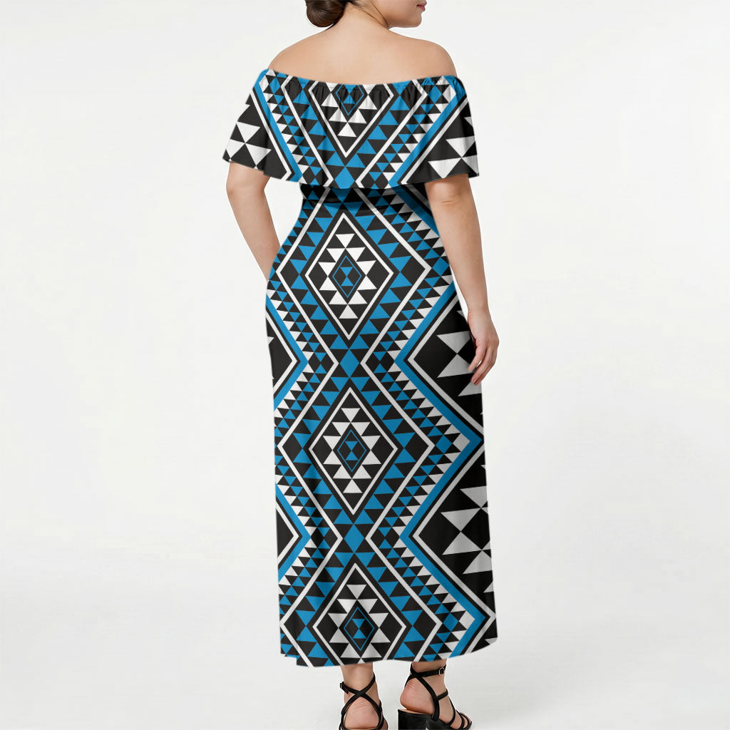 New Zealand Kikorangi Taniko Motifs Off Shoulder Maxi Dress Maori Poi Dance Costume Inspired