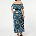 New Zealand Kikorangi Taniko Motifs Off Shoulder Maxi Dress Maori Poi Dance Costume Inspired