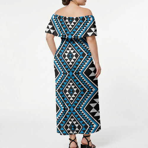 New Zealand Kikorangi Taniko Motifs Off Shoulder Maxi Dress Maori Poi Dance Costume Inspired