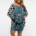 New Zealand Kikorangi Taniko Motifs Off Shoulder Short Dress Maori Poi Dance Costume Inspired