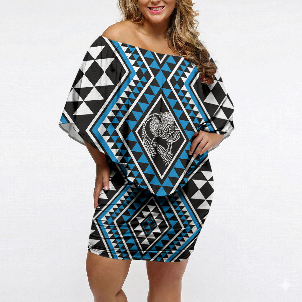 New Zealand Kikorangi Taniko Motifs Off Shoulder Short Dress Maori Poi Dance Costume Inspired