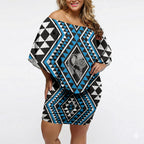 New Zealand Kikorangi Taniko Motifs Off Shoulder Short Dress Maori Poi Dance Costume Inspired