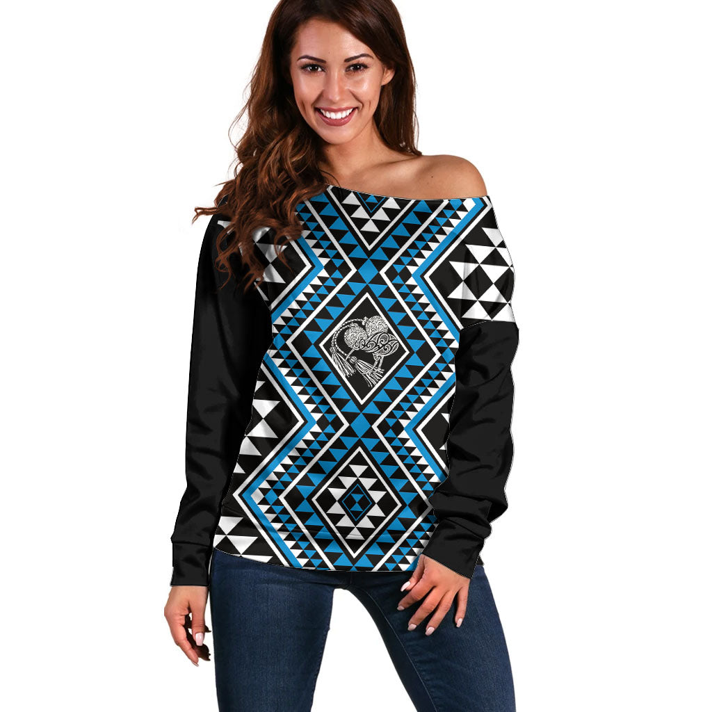 New Zealand Kikorangi Taniko Motifs Off Shoulder Sweater Maori Poi Dance Costume Inspired