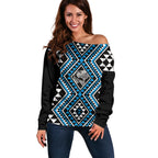New Zealand Kikorangi Taniko Motifs Off Shoulder Sweater Maori Poi Dance Costume Inspired