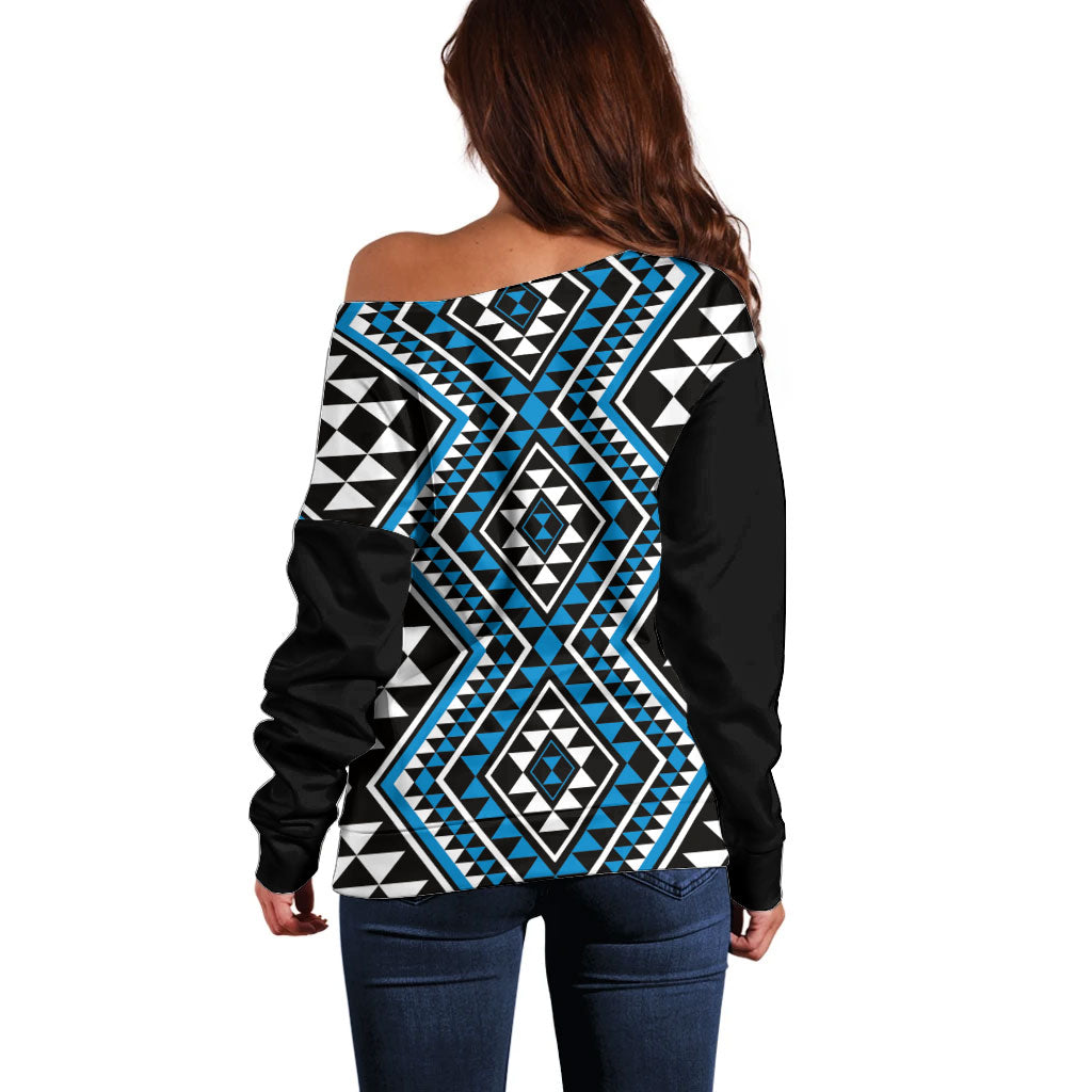 New Zealand Kikorangi Taniko Motifs Off Shoulder Sweater Maori Poi Dance Costume Inspired