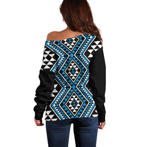 New Zealand Kikorangi Taniko Motifs Off Shoulder Sweater Maori Poi Dance Costume Inspired