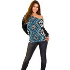 New Zealand Kikorangi Taniko Motifs Off Shoulder Sweater Maori Poi Dance Costume Inspired