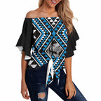 New Zealand Kikorangi Taniko Motifs Off Shoulder Wrap Waist Top Maori Poi Dance Costume Inspired