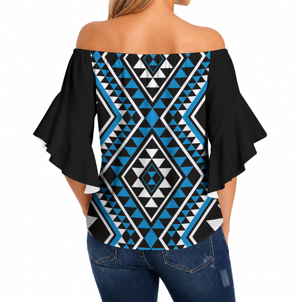 New Zealand Kikorangi Taniko Motifs Off Shoulder Wrap Waist Top Maori Poi Dance Costume Inspired