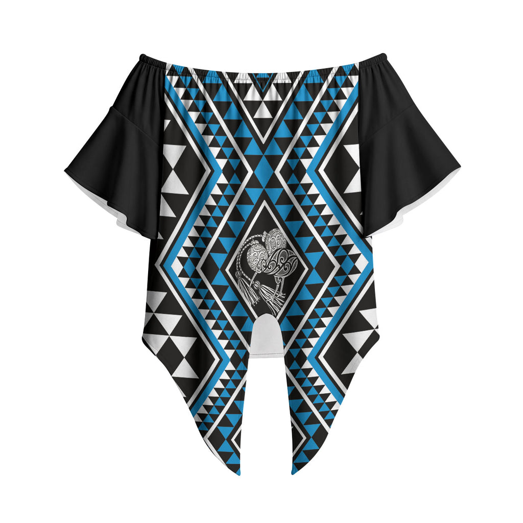 New Zealand Kikorangi Taniko Motifs Off Shoulder Wrap Waist Top Maori Poi Dance Costume Inspired