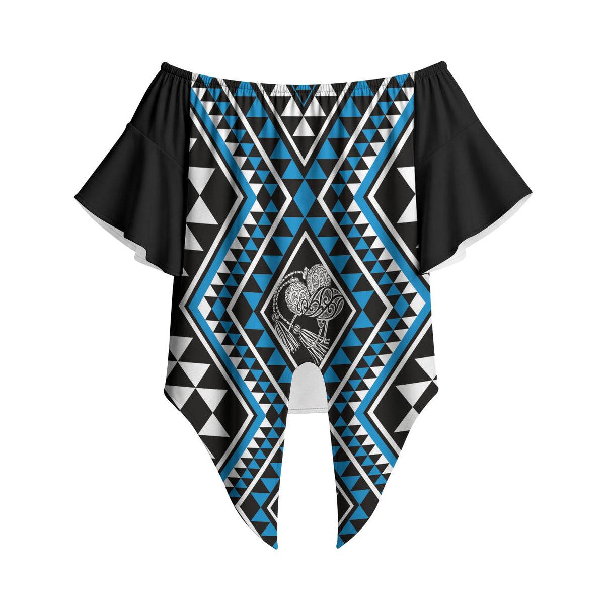New Zealand Kikorangi Taniko Motifs Off Shoulder Wrap Waist Top Maori Poi Dance Costume Inspired