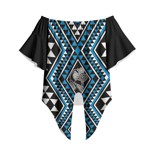 New Zealand Kikorangi Taniko Motifs Off Shoulder Wrap Waist Top Maori Poi Dance Costume Inspired