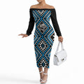 New Zealand Kikorangi Taniko Motifs Off The Shoulder Long Sleeve Dress Maori Poi Dance Costume Inspired