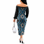 New Zealand Kikorangi Taniko Motifs Off The Shoulder Long Sleeve Dress Maori Poi Dance Costume Inspired
