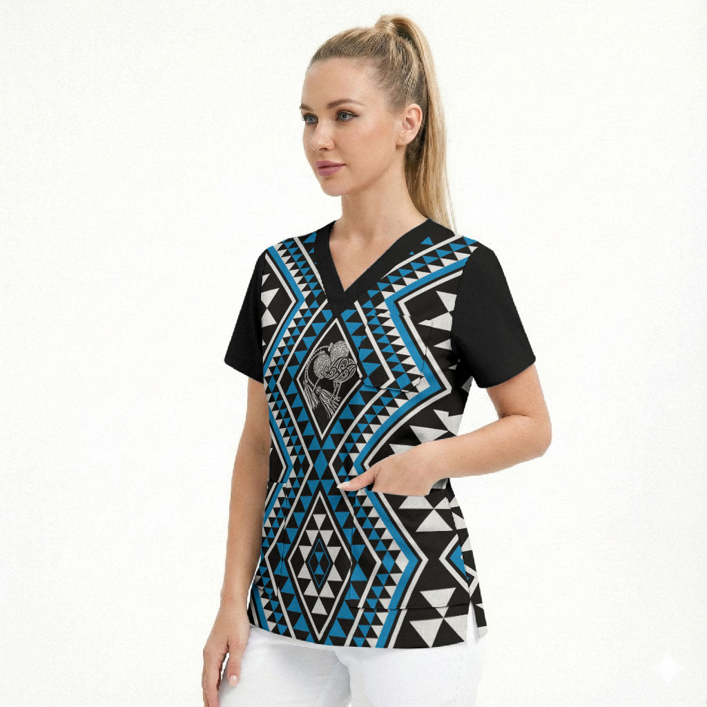 New Zealand Kikorangi Taniko Motifs Scrub Top Maori Poi Dance Costume Inspired